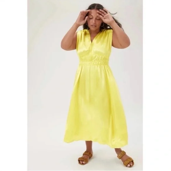 anthropologie yellow satin dress By Anthropologie The Lily One-Shoulder Satin Maxi Slip Dress in Metallic